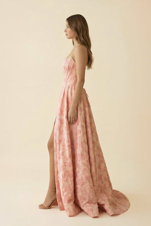 Strapless A Line Floral Maxi Dress With Slit in Pink - SHE IS ME PROM DRESSES