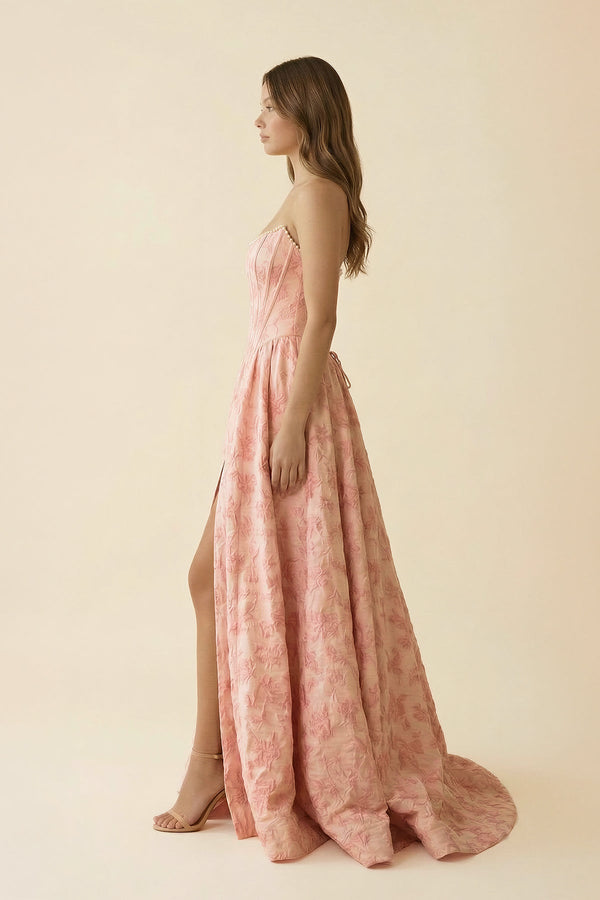 Strapless A Line Floral Maxi Dress With Slit in Pink - SHE IS ME PROM DRESSES