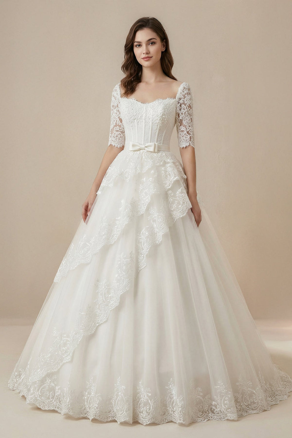 Strapless A - Line Lace Corsett Wedding Gown With Sleeve in White - SHE IS ME Wedding Dresses