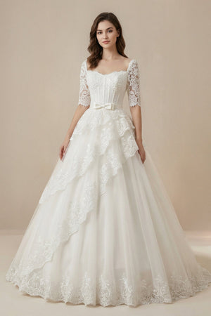 Strapless A - Line Lace Corsett Wedding Gown With Sleeve in White - SHE IS ME Wedding Dresses