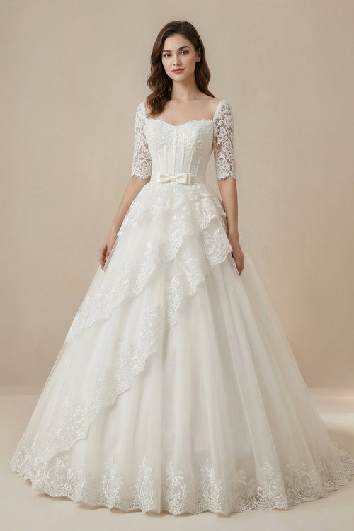 Strapless A - Line Lace Corsett Wedding Gown With Sleeve in White - SHE IS ME Wedding Dresses