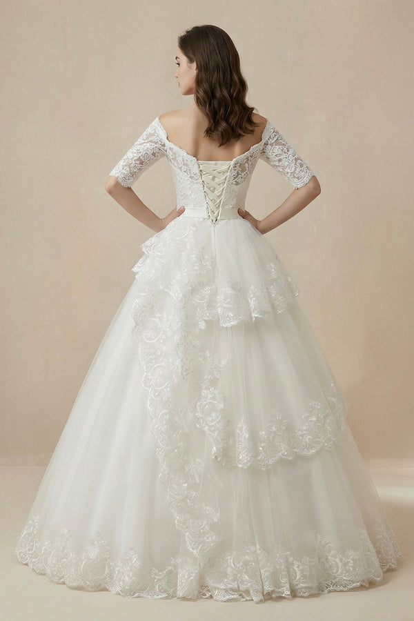 Strapless A - Line Lace Corsett Wedding Gown With Sleeve in White - SHE IS ME Wedding Dresses