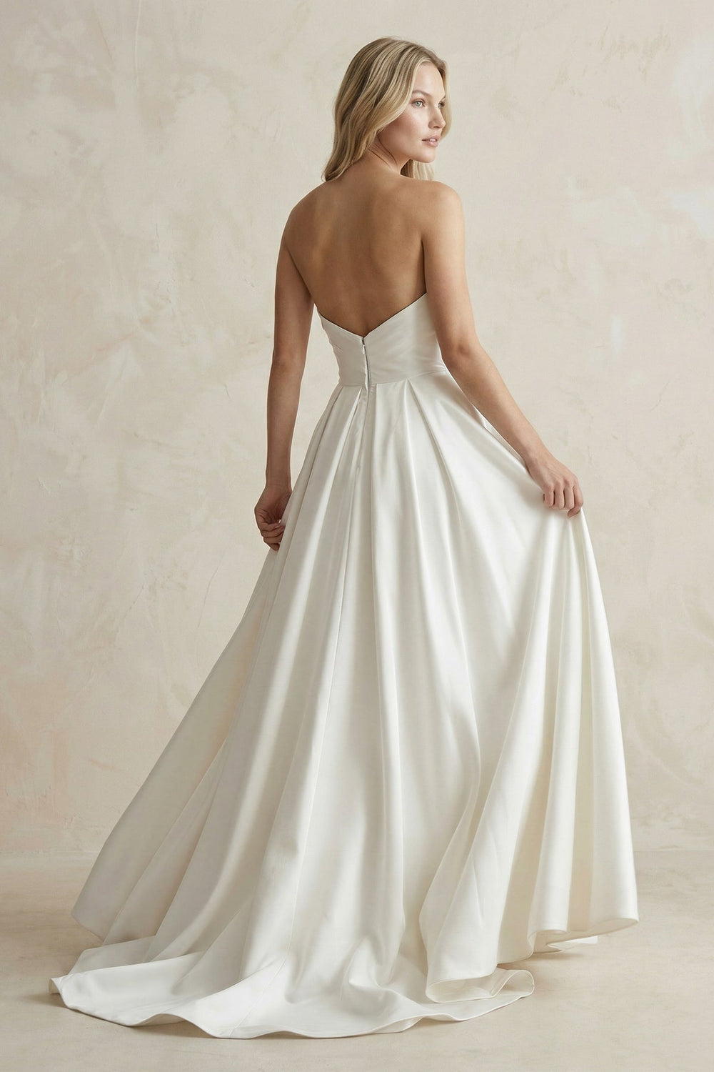 Strapless A - Line Ruched Satin Wedding Dress in White - SHE IS ME Wedding Dresses
