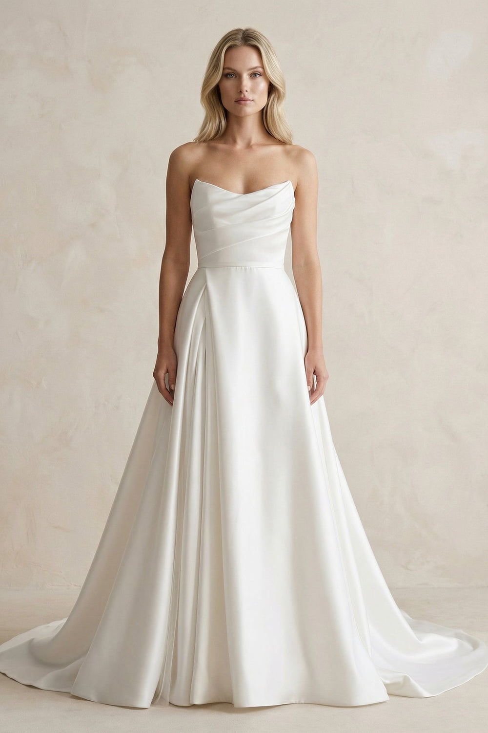 Strapless A - Line Ruched Satin Wedding Dress in White - SHE IS ME Wedding Dresses