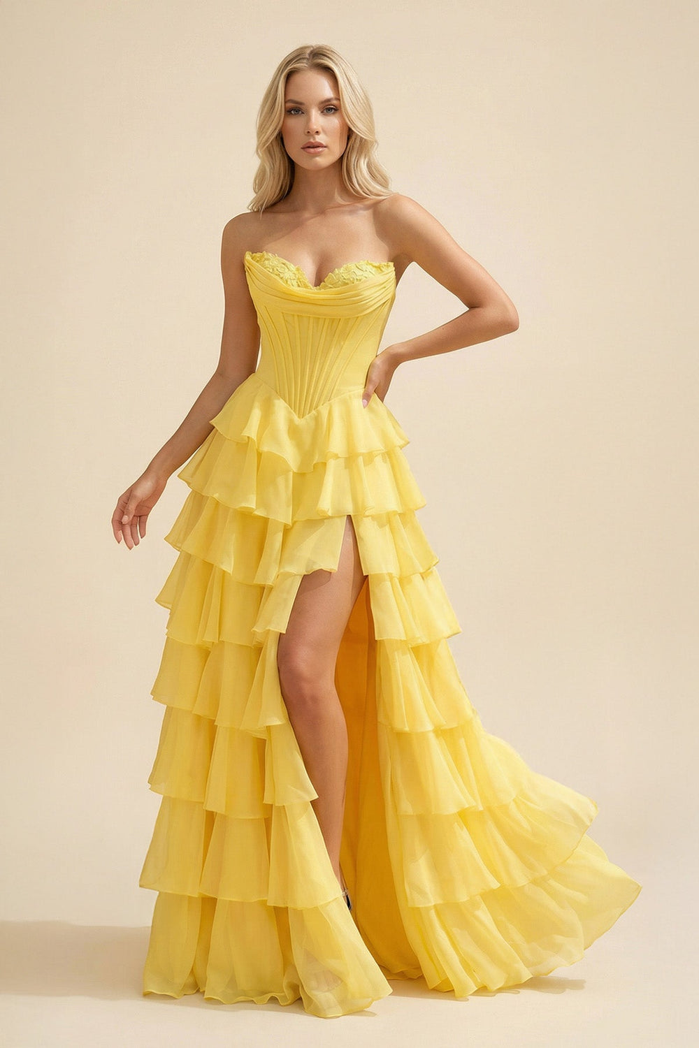 Strapless A Line Ruffled Maxi Dress With Slit in Yellow - SHE IS ME PROM DRESSES
