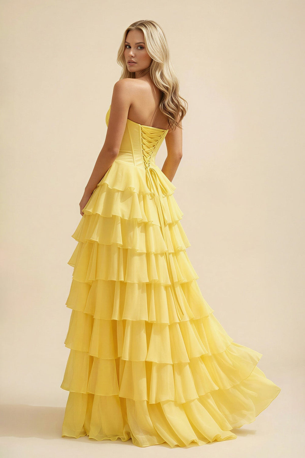 Strapless A Line Ruffled Maxi Dress With Slit in Yellow - SHE IS ME PROM DRESSES