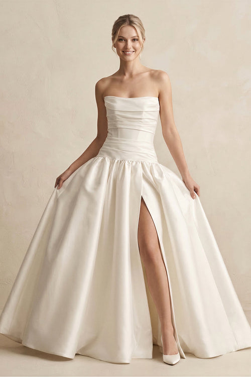 Strapless A - Line Satin Ball Gown Wedding Dress with Slit in Ivory - SHE IS ME Wedding Dresses