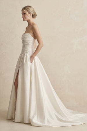 Strapless A - Line Satin Ball Gown Wedding Dress with Slit in Ivory - SHE IS ME Wedding Dresses