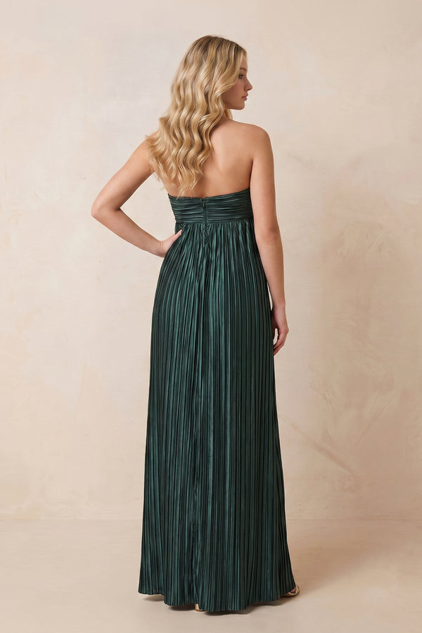 Strapless A - Line Satin Maxi Dress in Dark Green - SHE IS ME Dresses
