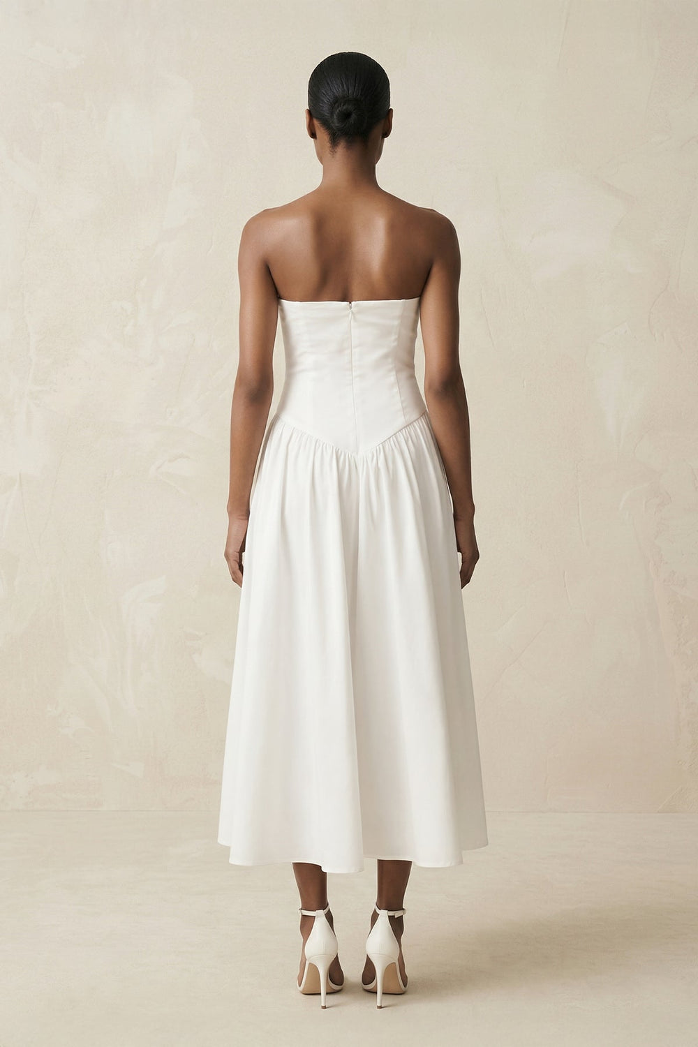 Strapless A - Line Satin Midi Wedding Dress in White - SHE IS ME Wedding Dresses