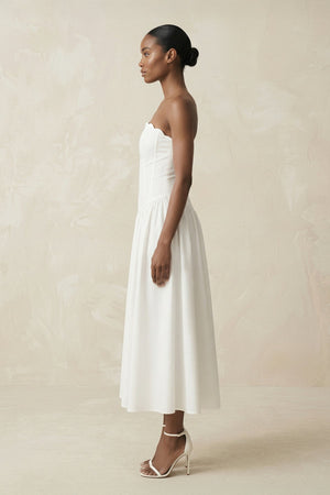 Strapless A - Line Satin Midi Wedding Dress in White - SHE IS ME Wedding Dresses