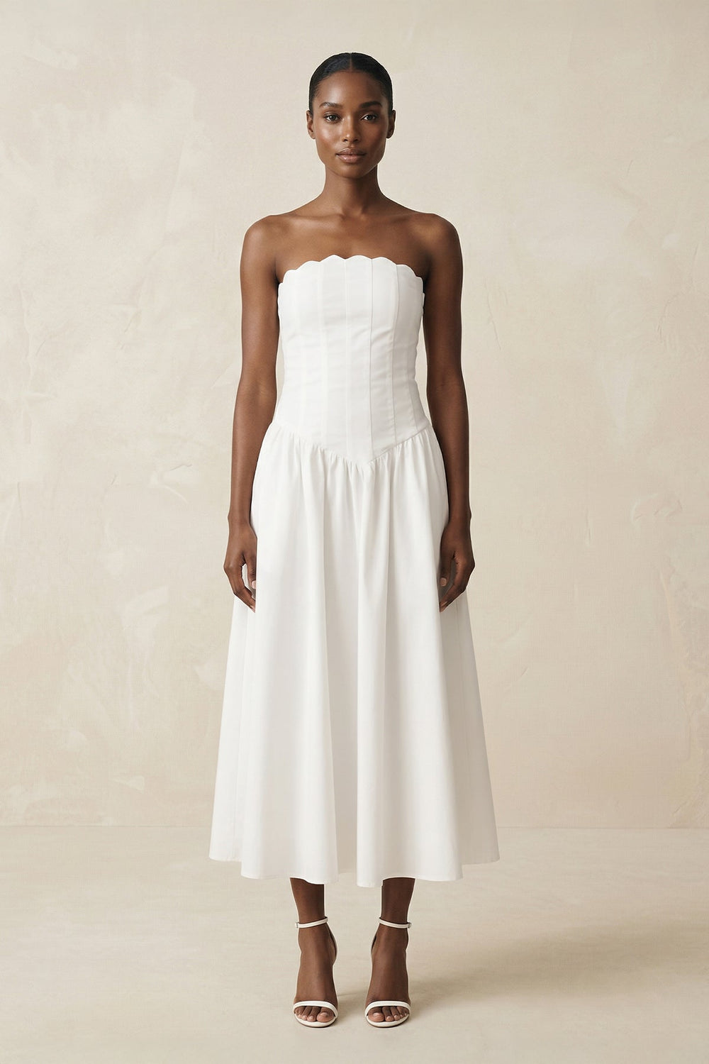 Strapless A - Line Satin Midi Wedding Dress in White - SHE IS ME Wedding Dresses