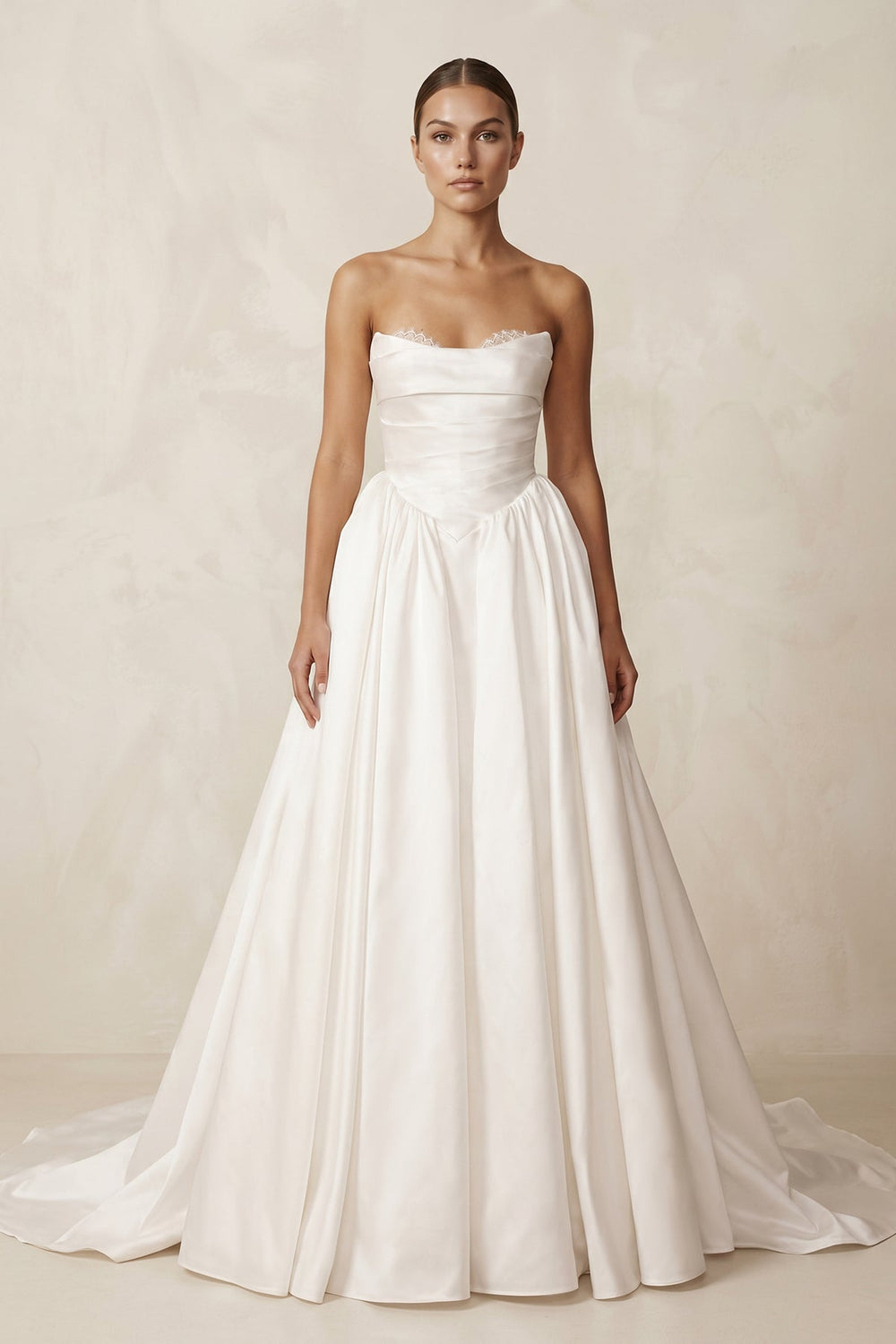 Strapless A - Line Satin Ruched Wedding Dress in Ivory - SHE IS ME Wedding Dresses