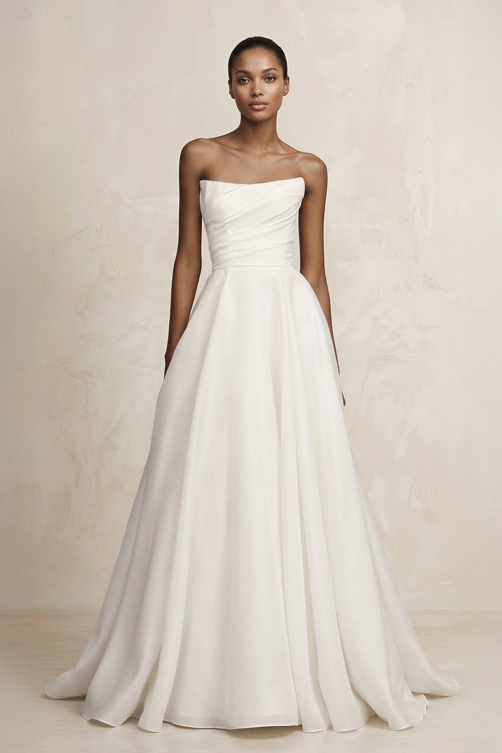 Strapless A - Line Satin Ruched Wedding Dress in Ivory - SHE IS ME Wedding Dresses