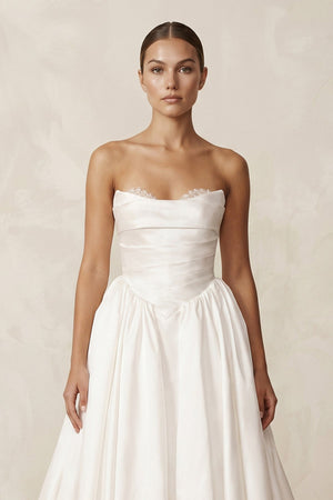 Strapless A - Line Satin Ruched Wedding Dress in Ivory - SHE IS ME Wedding Dresses