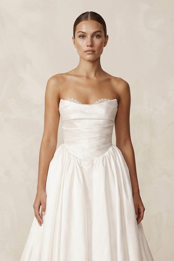 Strapless A - Line Satin Ruched Wedding Dress in Ivory - SHE IS ME Wedding Dresses