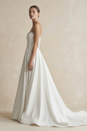 Strapless A - Line Satin Ruched Wedding Dress in White - SHE IS ME Wedding Dresses