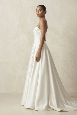 Strapless A - Line Satin Ruched Wedding Dress in White - SHE IS ME Wedding Dresses