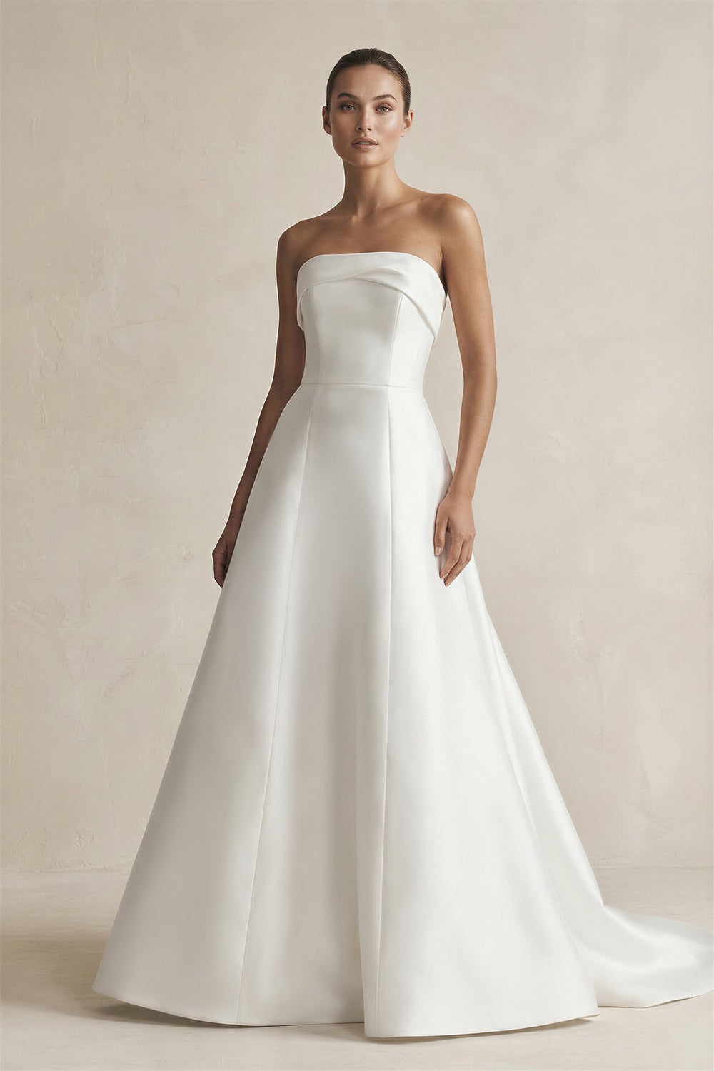 Strapless A - Line Satin Ruched Wedding Dress in White - SHE IS ME Wedding Dresses