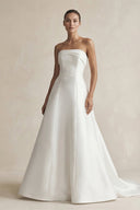 Strapless A - Line Satin Ruched Wedding Dress in White - SHE IS ME Wedding Dresses