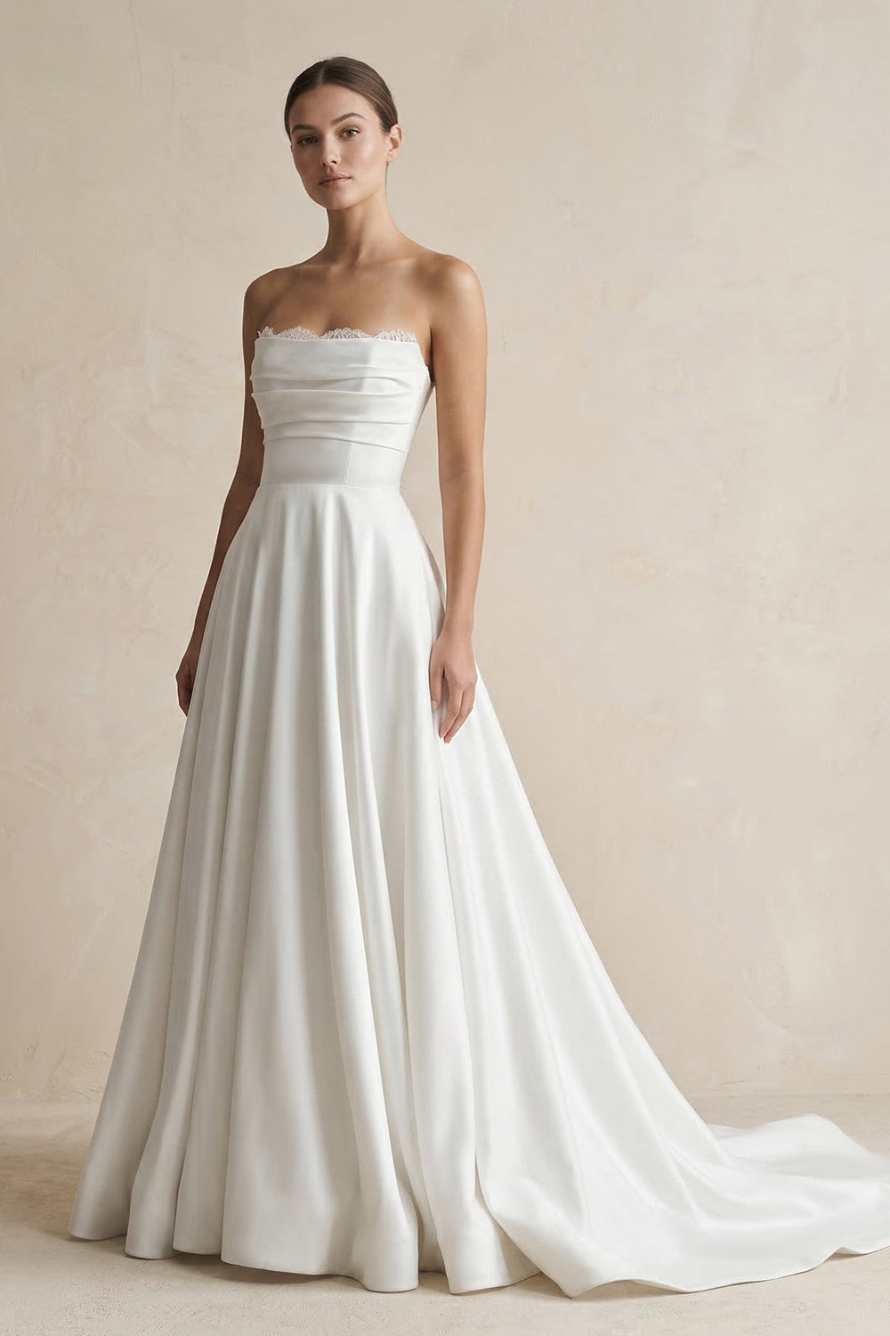 Strapless A - Line Satin Ruched Wedding Dress in White - SHE IS ME Wedding Dresses