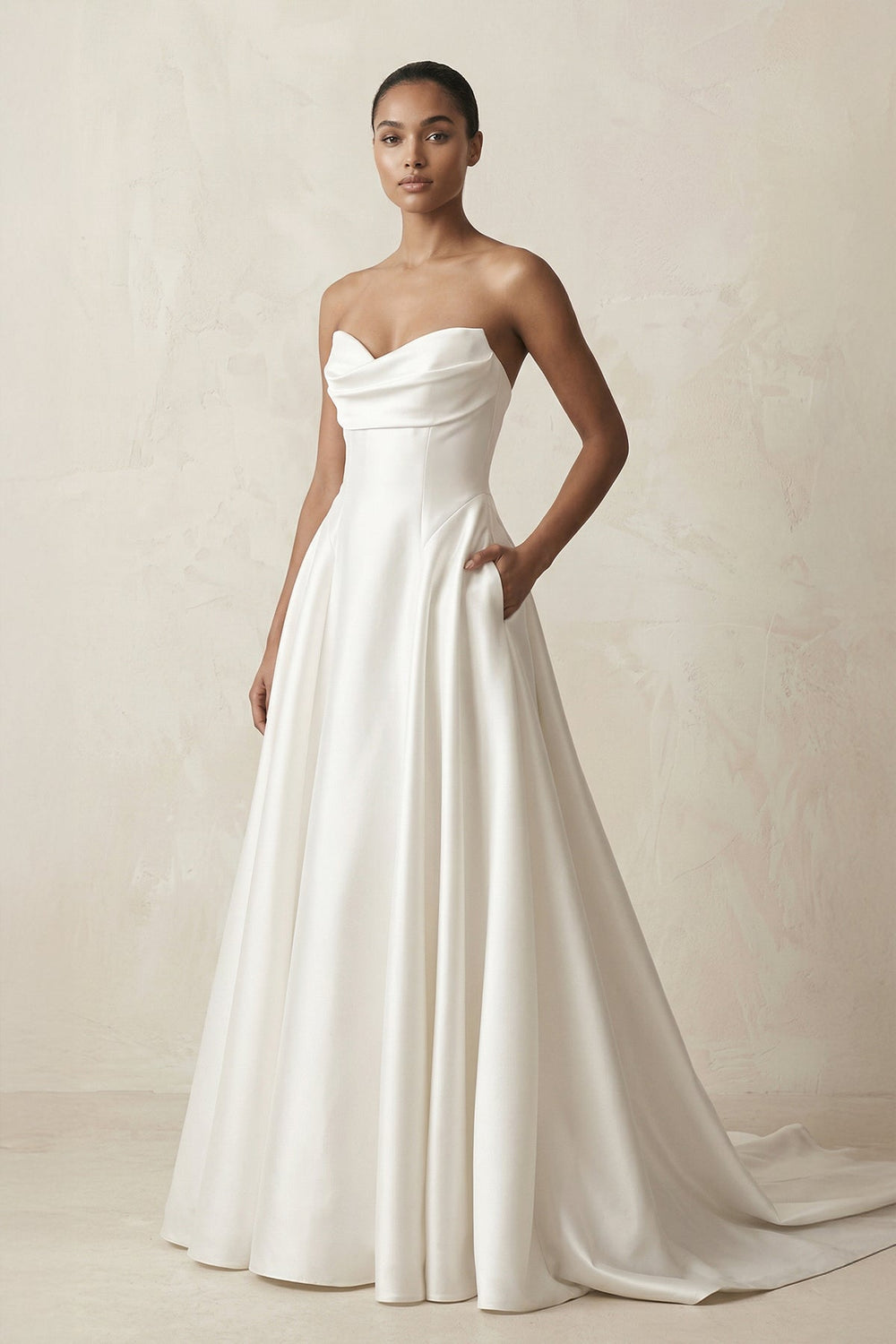 Strapless A - Line Satin Ruched Wedding Dress in White - SHE IS ME Wedding Dresses