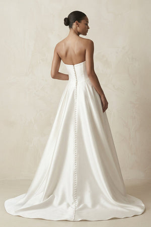 Strapless A - Line Satin Ruched Wedding Dress in White - SHE IS ME Wedding Dresses