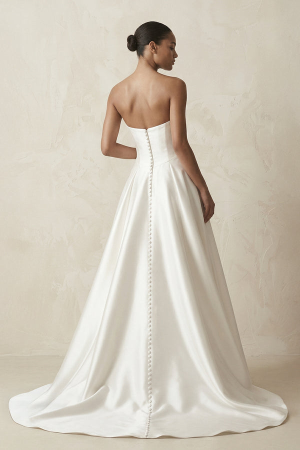 Strapless A - Line Satin Ruched Wedding Dress in White - SHE IS ME Wedding Dresses