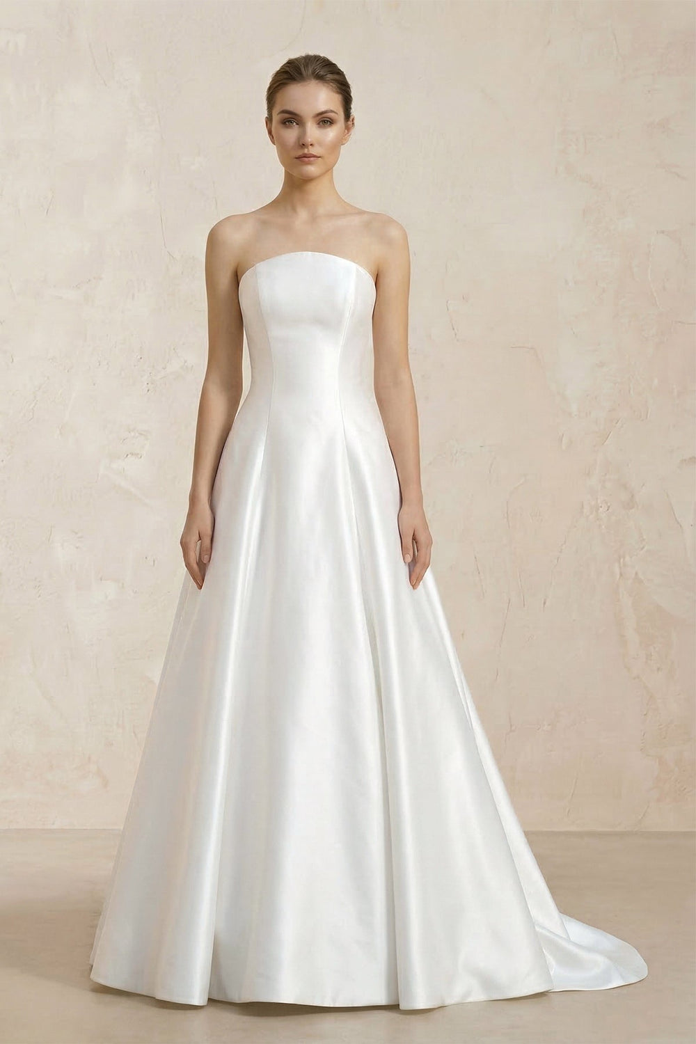 Strapless A - Line Satin Ruched Wedding Dress With Lace Appliques in White - SHE IS ME Wedding Dresses