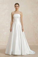 Strapless A - Line Satin Ruched Wedding Dress With Lace Appliques in White - SHE IS ME Wedding Dresses