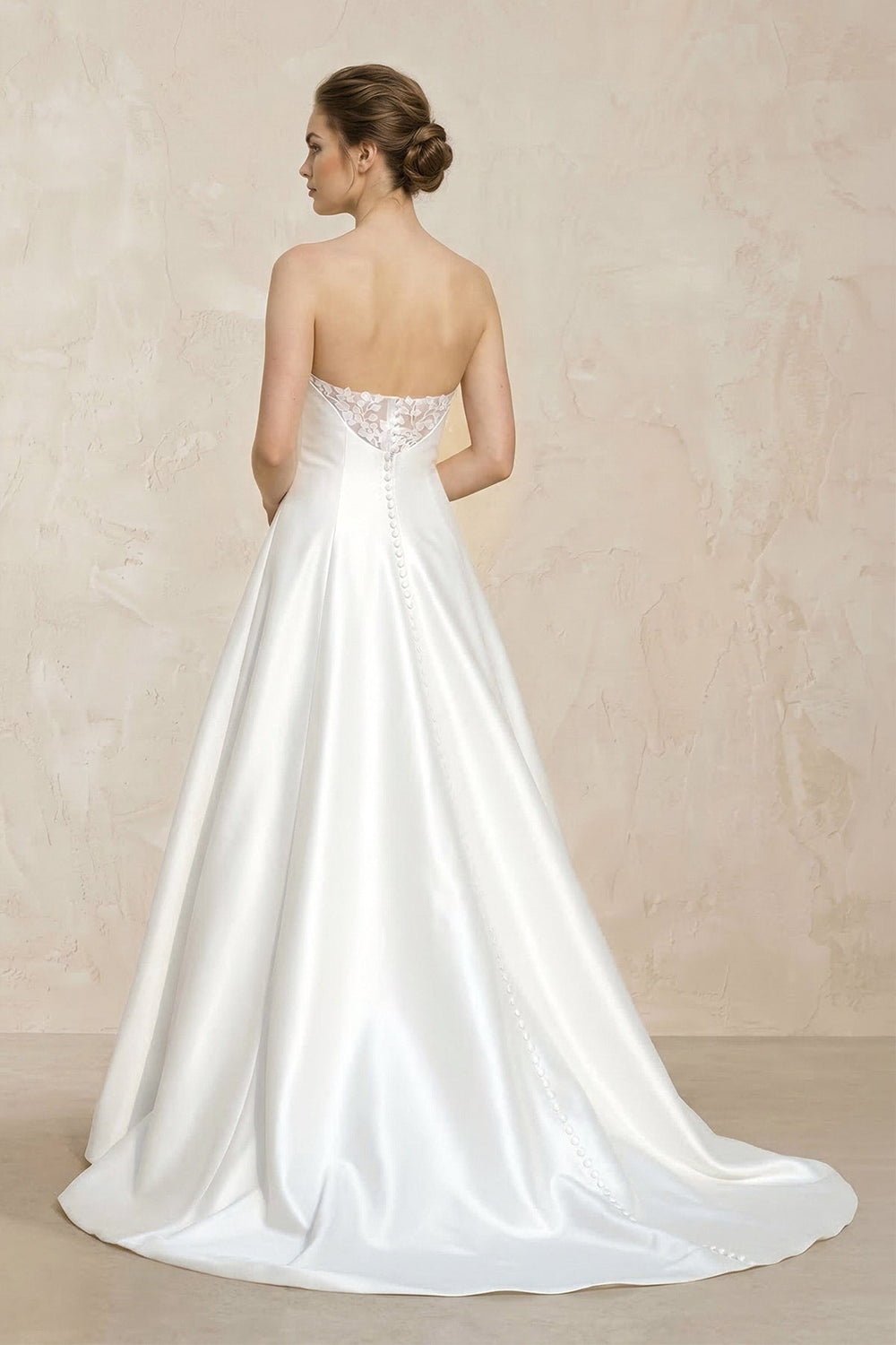 Strapless A - Line Satin Ruched Wedding Dress With Lace Appliques in White - SHE IS ME Wedding Dresses