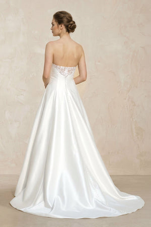 Strapless A - Line Satin Ruched Wedding Dress With Lace Appliques in White - SHE IS ME Wedding Dresses