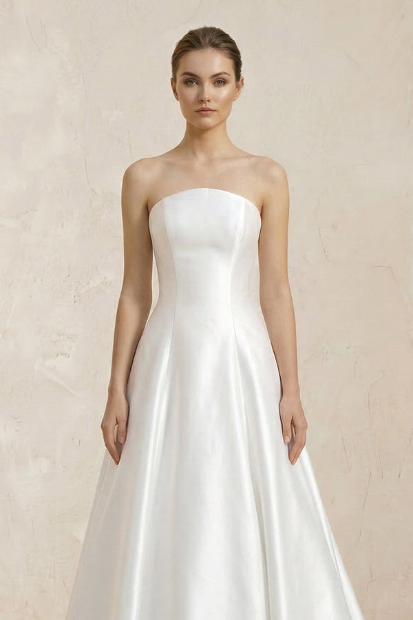 Strapless A - Line Satin Ruched Wedding Dress With Lace Appliques in White - SHE IS ME Wedding Dresses