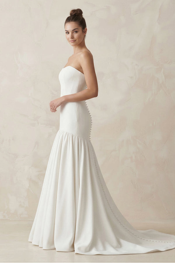 Strapless A - Line Satin Ruffled Wedding Dress in White - SHE IS ME Wedding Dresses