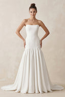 Strapless A - Line Satin Ruffled Wedding Dress in White - SHE IS ME Wedding Dresses
