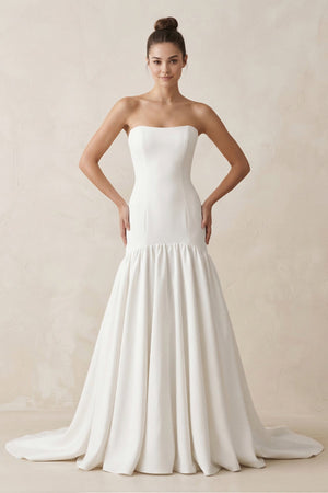 Strapless A - Line Satin Ruffled Wedding Dress in White - SHE IS ME Wedding Dresses