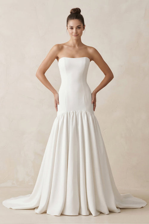 Strapless A - Line Satin Ruffled Wedding Dress in White - SHE IS ME Wedding Dresses