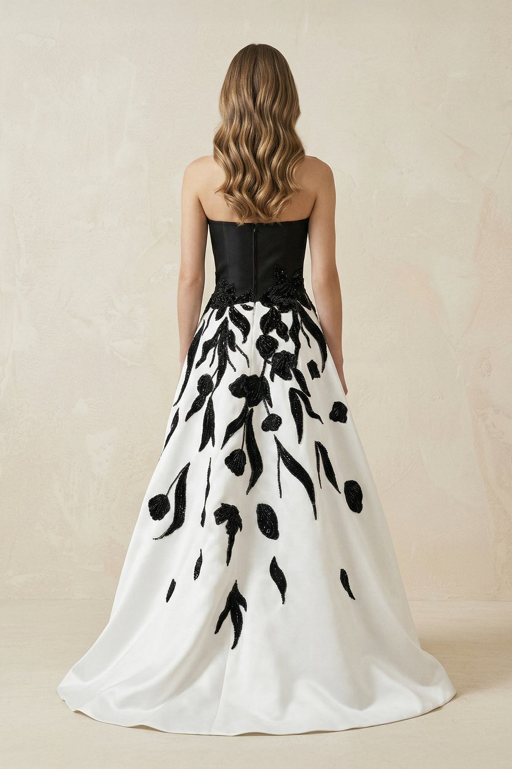 Strapless A - Line Satin Sequins Wedding Dress in Black and White - SHE IS ME Wedding Dresses