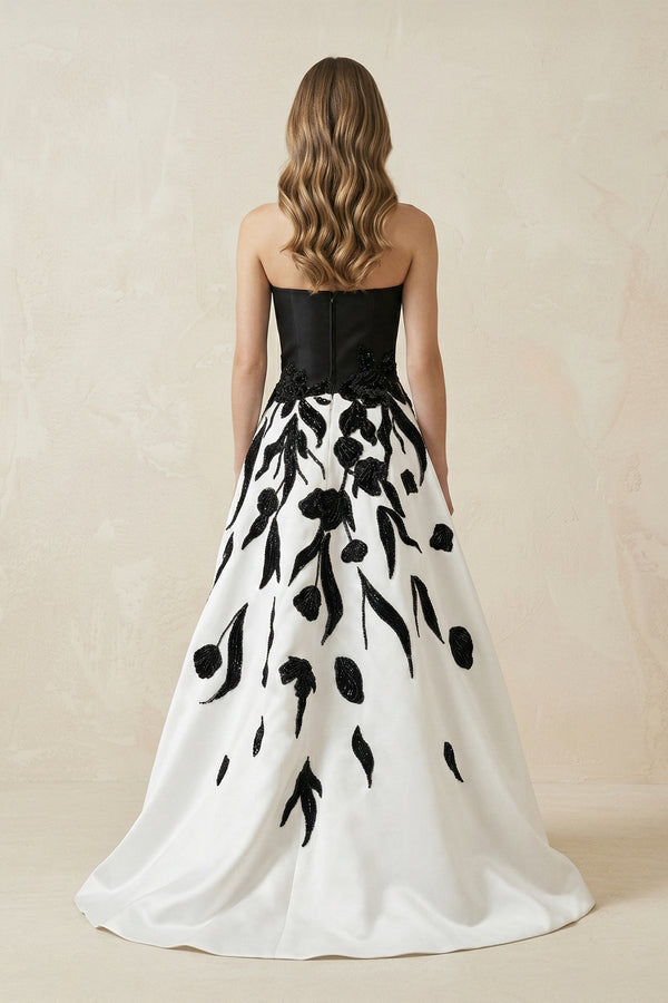 Strapless A - Line Satin Sequins Wedding Dress in Black and White - SHE IS ME Wedding Dresses