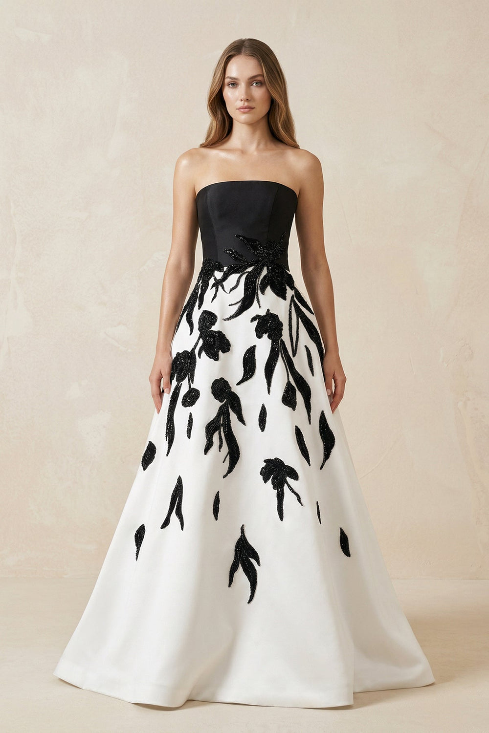 Strapless A - Line Satin Sequins Wedding Dress in Black and White - SHE IS ME Wedding Dresses