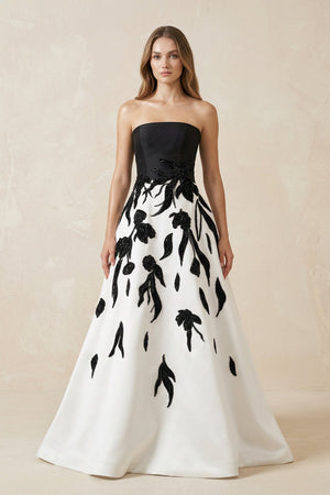 Strapless A - Line Satin Sequins Wedding Dress in Black and White - SHE IS ME Wedding Dresses