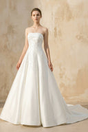 Strapless A Line Satin Wedding Dress With Appliques in Ivory - SHE IS ME Wedding Dresses