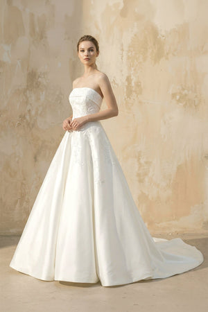 Strapless A Line Satin Wedding Dress With Appliques in Ivory - SHE IS ME Wedding Dresses