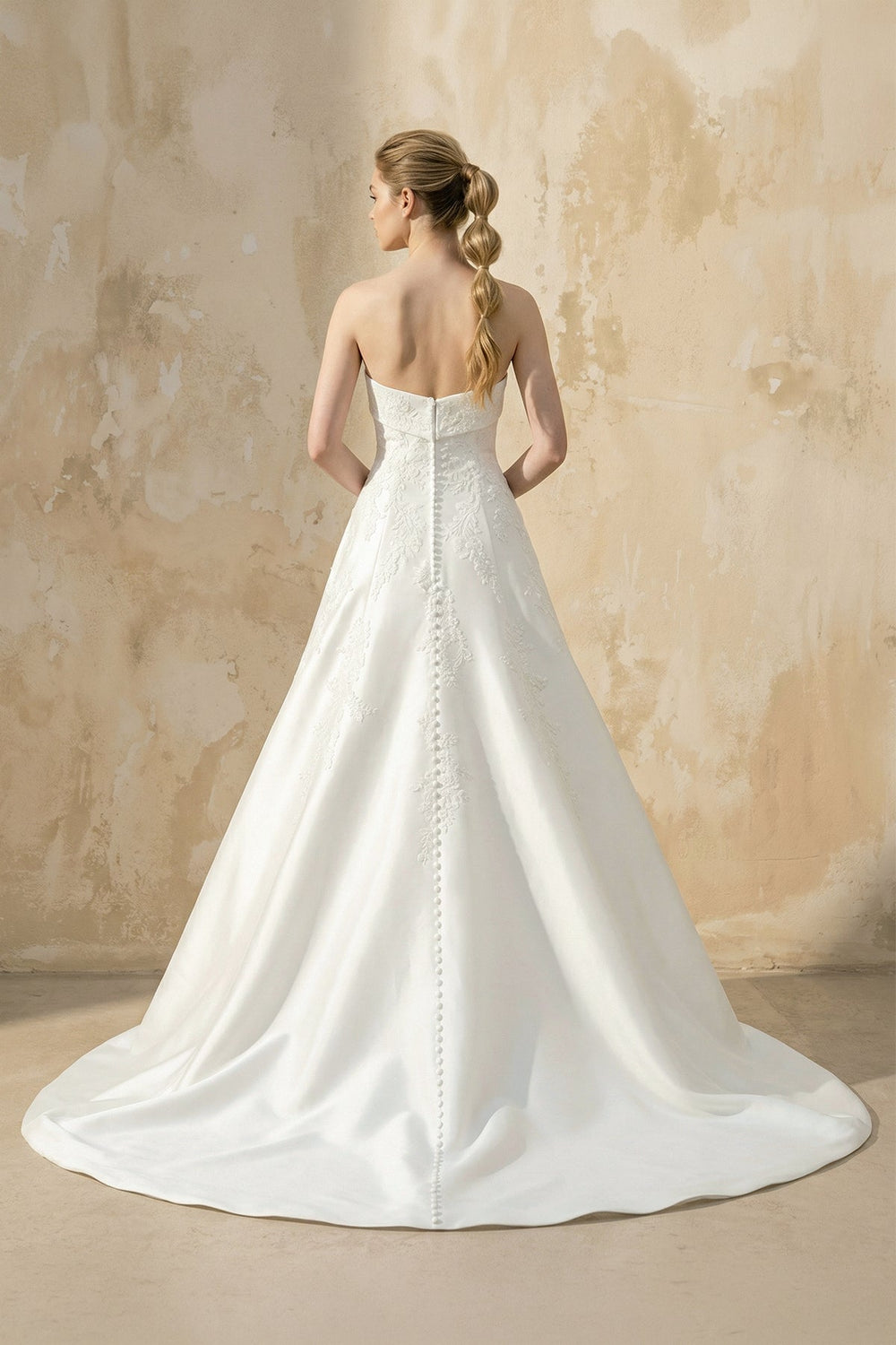 Strapless A Line Satin Wedding Dress With Appliques in Ivory - SHE IS ME Wedding Dresses