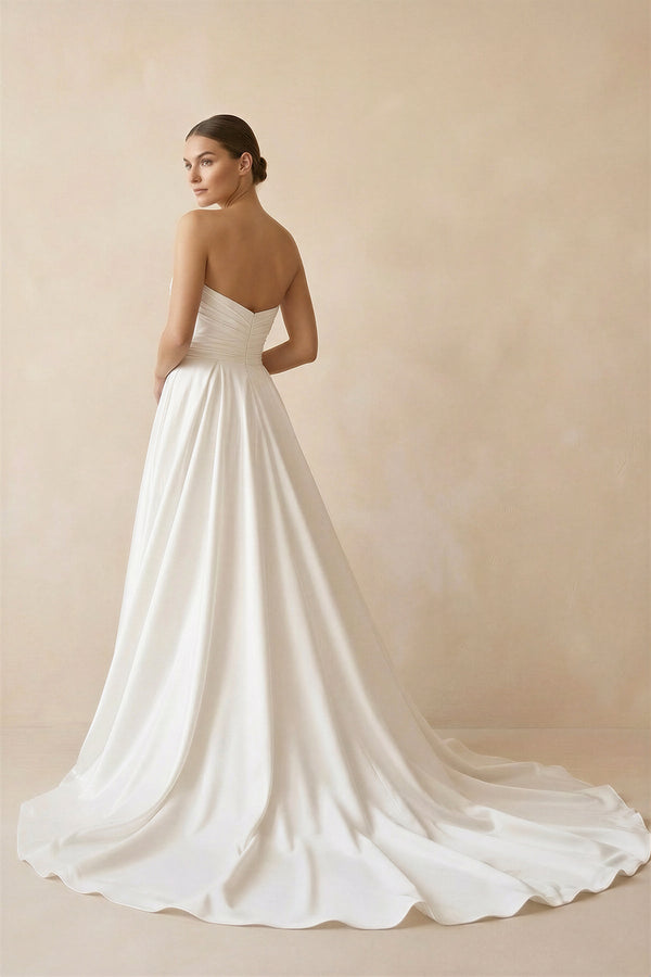 Strapless A Line Satin Wedding Dress With Slit in Ivory - SHE IS ME Wedding Dresses
