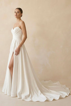 Strapless A Line Satin Wedding Dress With Slit in Ivory - SHE IS ME Wedding Dresses