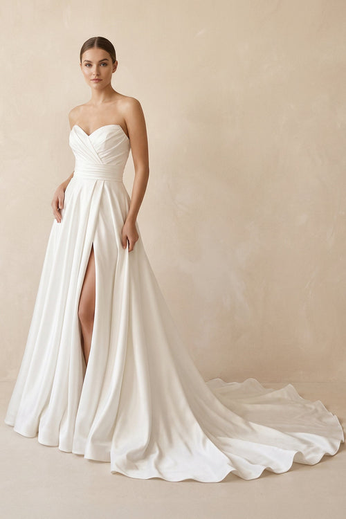 Strapless A Line Satin Wedding Dress With Slit in Ivory - SHE IS ME Wedding Dresses