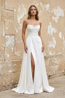 Strapless A Line Satin Wedding Dress With Slit in White - SHE IS ME Wedding Dresses