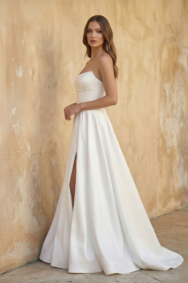 Strapless A Line Satin Wedding Dress With Slit in White - SHE IS ME Wedding Dresses