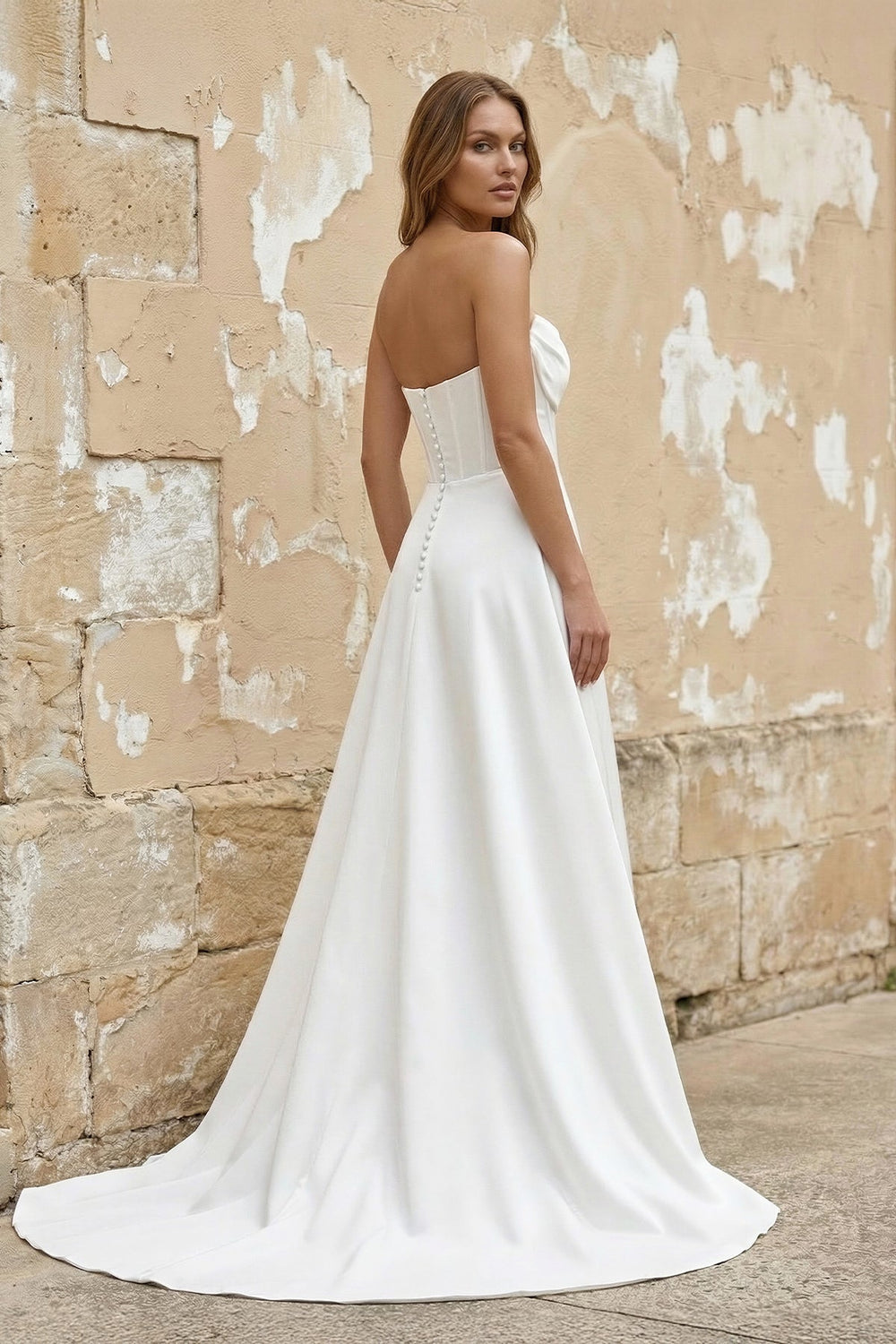 Strapless A Line Satin Wedding Dress With Slit in White - SHE IS ME Wedding Dresses